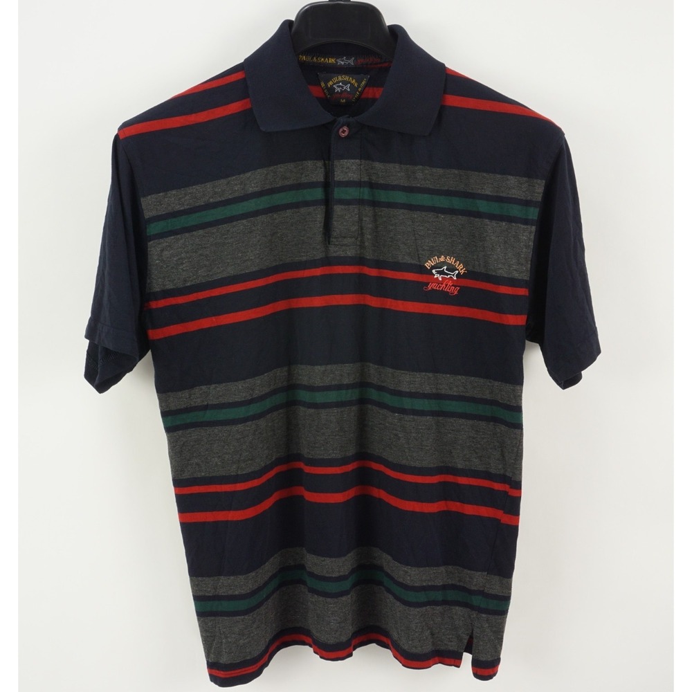 Recent Paul & Shark Yachting Big Logo Knit Cotton Striped Polo Shirt Mens Medium